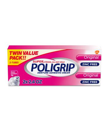 Super Poligrip Original Formula Zinc Free Denture and Partials Adhesive Cream, 2.4 ounce (Twin Pack) 2.4 Ounce (Pack of 2)
