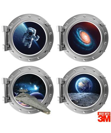 OFISSON - 4 Pcs Space 3D Wall Stickers - Porthole Galaxy Life Art Sticker 3M for Kids (Girls and Boys) Playroom (12 Diameter Each) (Space)