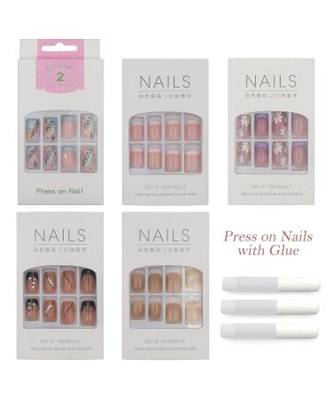 Bellelfin 5 Set Nude French Design Press on Nails - 120pcs Medium Square Short Round Fake Nails for Women and Girls - Buy Online on GoSupps.com