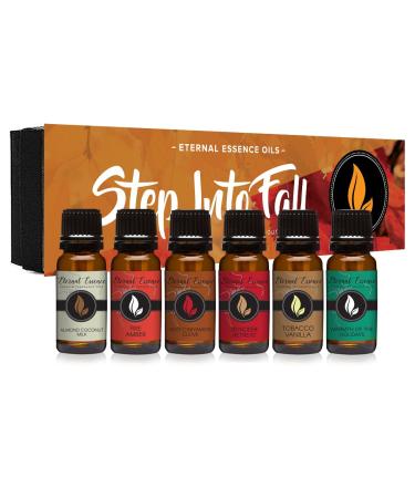 Step Into Fall Gift Set of 6 Premium Fragrance Oils - Almond Coconut Milk, Fire Amber, Sexy Cinnamon Clove, Reindeer Retreat, Warmth of The Holidays, Tobacco Vanilla - Eternal Essence Oils