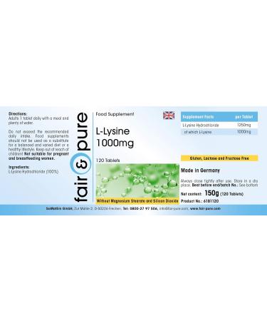 Fair & Pure L-Lysine Tablets 1000mg - High Dose Vegan Supplement - 120 Count for Immune Support & Health - Buy Online on GoSupps.com