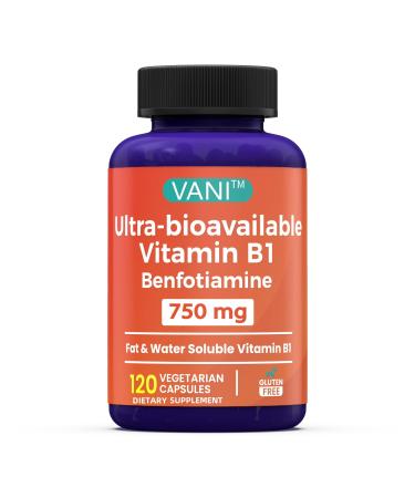 VANI Vitamin B1 with 750mg Benfotiamine, 2 in 1 Enhanced Formula -Fat & Water Soluble Thiamine B1 Supplement | 120 Capsules | Gluten Free