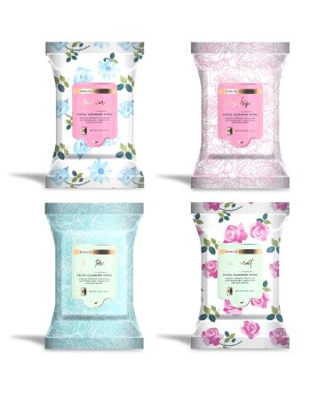 Beauty Concepts Facial Wipe Set- 4 Packs of Face Wipes, Makeup Removing Wipes with Vitamin C, Tea Tree, Rosehip, and Coconut, Aqua Floral Package