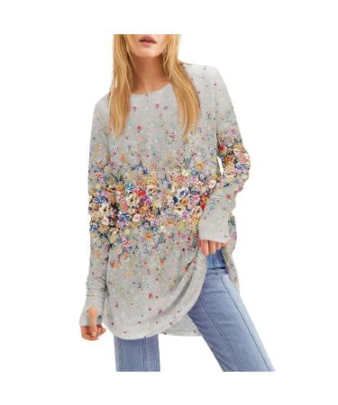 Long-sleeved women Flowers Print Basic Pullover button strip summer autumn tops casual shortarm shirts sweatshirt tunics tshirt streetwear shirts tops 2-gray l