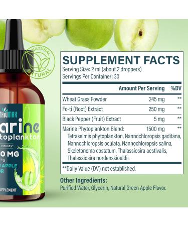 Marine Phytoplankton Drops 2000mg - High Absorption Phytoplankton Supplement with Wheatgrass & Fo-ti for Cellular Wellness Hair Growth Energy & Immunity - Green Apple Flavor 2 fl oz (Pack of 1) - Buy Online on GoSupps.com