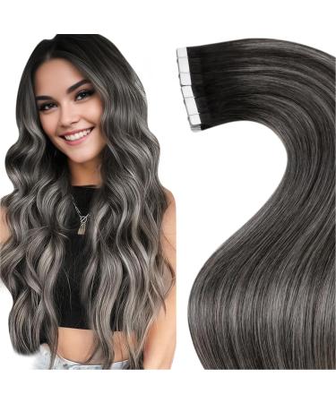 Laavoo real hair Extensions tape 60 cm ombre black extensions tape real hair invisible tape in hair extension real hair black balayage silver smooth 50g 20pcs #1b/s/1b 60cm-20pcs 3.6 #1b/s/1b