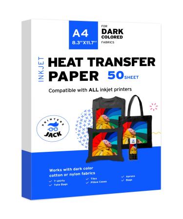 Printers Jack Iron-On Heat Transfer Paper for Dark Fabric 50 Pack 8.3x11.7 T-Shirt Transfer Paper for Inkjet Printer Wash Durable Long Lasting Transfer No Cracking