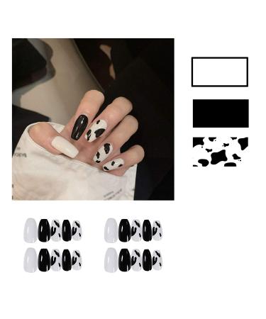 MISUD 24Pcs Medium Coffin False Nails - Fashion Ballerina Black White Cow Press on Nails for Women - Glossy Acrylic Nails - Buy Online on GoSupps.com