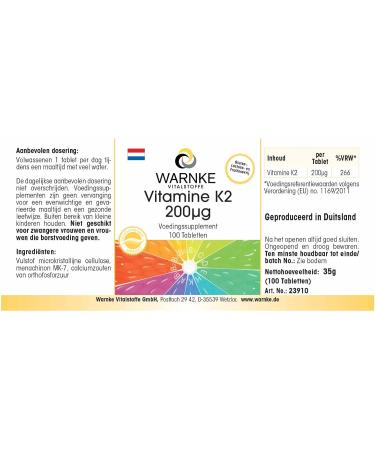 Vitamin K2 200g - 100 tablets - Vegan- Menaquinone MK-7 | Warnke Vitalstoffe - Quality German pharmacies - Buy Online on GoSupps.com
