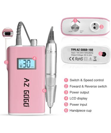 AZ GOGO Professional Nail Drill 30000 Rpm Rechargeable Portable Nail Drills for Acrylic Gel Nails - New Upgraded Electric Nail File with Pink LCD Display - Buy Online on GoSupps.com