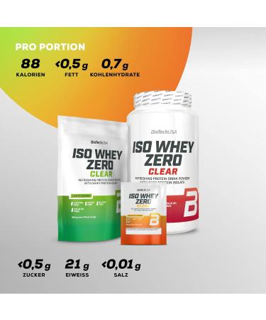 BiotechUSA Iso Whey Zero Clear Drinks Powder - Sugar-Free Lactose-Free Gluten-Free - Refreshing 5 Fruit Flavors - 21g Protein BCAAs 88 Kcal - 1000g Limette - Buy Online on GoSupps.com