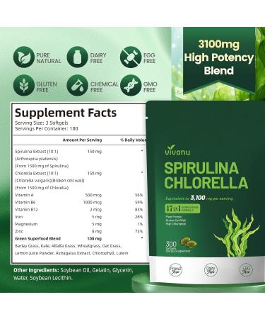 VivoNu Spirulina and Chlorella Capsules | 3100mg | Spirulina Capsules | Vegan Superfood Rich in Protein Chlorophyll Vitamins & Minerals | Non-Irradiated BlueSpirulina | 300 Capsules 300p/1bag - Buy Online on GoSupps.com