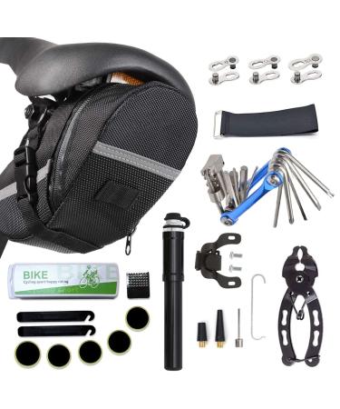 HHLC Bicycle Tire Pump, Bike Repair Tool Kits Saddle Bag, Patches, 11 in 1 Multi Function Tool, Lever, Link Plier, Missing for Road Mountain BMX , Chain Breaker Splitter