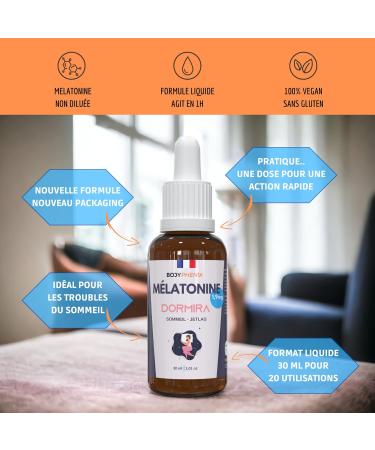 Melatonin 1.9 mg undiluted - Fast action 1 hour - Sleeping Jetlag - Liquid format 30 ml - Candy Floss aroma - Made in France DORMIRA - Buy Online on GoSupps.com