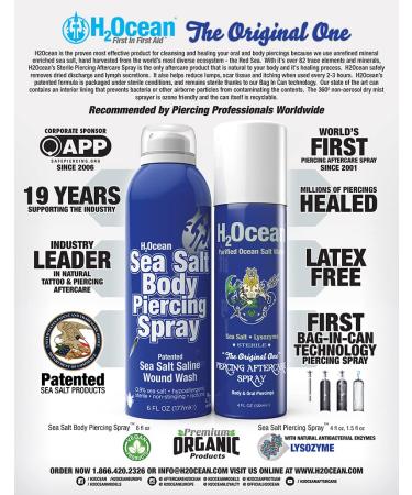 H2Ocean Sea Salt Piercing Aftercare Spray 6 oz - Vegan & Organic Solution for Ear, Nose, Naval & Oral Piercings - Soothes, Cleanses, and Sterilizes Skin - Keloid Bump Treatment included - Buy Online on GoSupps.com