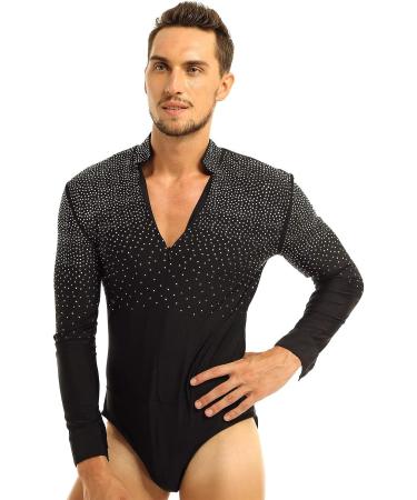 ACSUSS Men's Sequin V-Neck Dance Unitard, Ballroom Latin Dancewear - Black, Medium - Buy Online on GoSupps.com