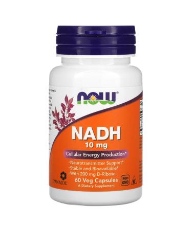 N.Foods NADH 10mg 60 Veggie Capsules with Neurotransmitter Ribose 200mg for Cellular Energy Production