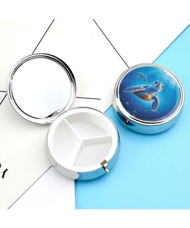 Round Turtle Pill Box | Blue Water Print 3 Compartment Portable Organizer | Decorative Metal Pocket Medicine Case - Style 1 - Buy Online on GoSupps.com