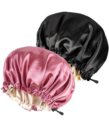 Ranphykx 2PCS Satin Sleep Cap Adjustable Double-Sided Sleep Bonnet Bonnet Cap for Sleep (1 Black+ 1 Hot Pink) M-XL 1 BLACK+ 1 Hot Pink