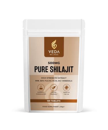 Pure Shilajit 120 Tablets - 60% Fulvic Acid High Strength Lab Tested 84+ Minerals. Maximum Bioavailability Vegan Friendly. Made in The UK by Veda Wellness