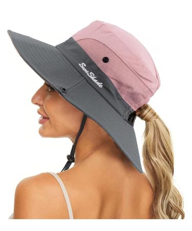 Women's Summer Sun-Hat Ponytail - UV-Protection Mesh Wide Brim Foldable Hat with Ponytail Hole Pink 7 1/4