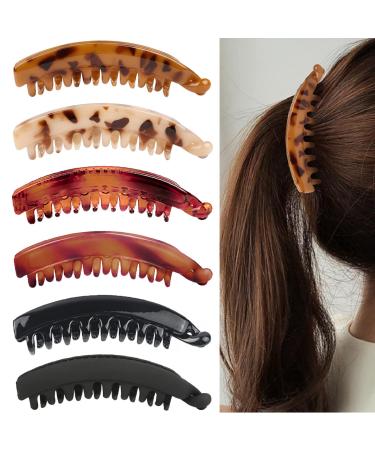 6 Pcs Large Banana Clip 5.3 Inch Banana Clips Hair for Thick Hair  Non-slip Banana Hair Clips for Fine Hair  Strong Hold Banana Clips for Women and Girls Black Brown Leopard