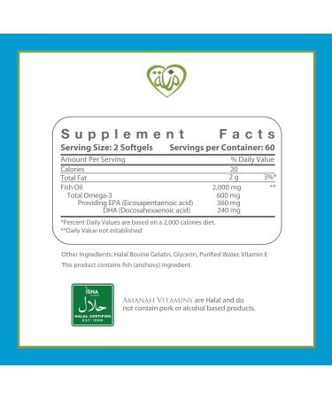 Halal Omega-3 Fish Oil 2000mg 120 Softgels Halal Certified (ISNA Approved) Non-GMO Gluten-Free High EPA & DHA Omega 3 Supplement 120 Count (Pack of 1) - Buy Online on GoSupps.com