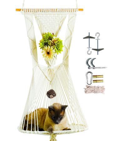 Macrame Cat Hammock,Macrame Hanging Cat Bed with Flower Holder,Macrame Cat Shelf with Catnip Chew Toy and Hanging Kit