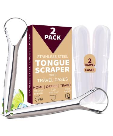 ""Stainless Steel Tongue Scraper 2-Pack for Adults & Kids - Includes Travel Cases Promotes Fresh Breath & Oral Health Easy Clean Durable Design Oral Hygiene Solution""