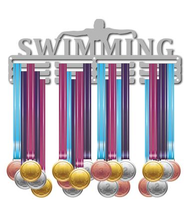 CREATCABIN Medal Holder Sport Swimming Athlete Words Awards Display Stand Wall Rack Mount Hanger Decor for Champions Home Badge 3 Rung Medalist Gymnastics Over 60 Medals Olympic Games 15.7 x 5.9inch Platinum
