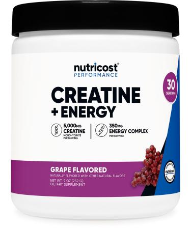 Nutricost Creatine + Energy 30 Servings (Grape Flavored) - 5 000mg Creatine Monohydrate + 350mg Energy Complex Per Serving