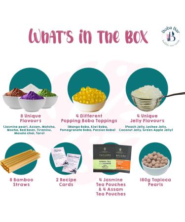 MBTK - 8 (Boba Bar London | Pearlicious Milk Bubble Tea Kit | 8 Milk Tea Flavours | 8 Boba & Jelly Toppings | Tapioca Pearls | 8 Bamboo Straws | 8 Tea Bags | 2 Recipe Cards ) - Buy Online on GoSupps.com
