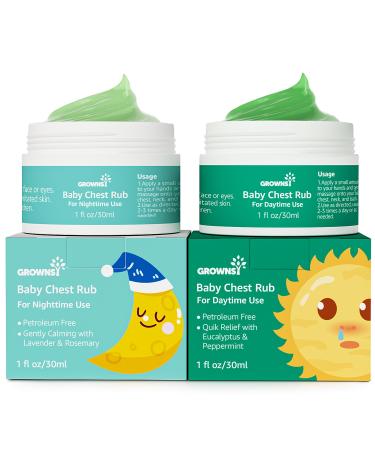 GROWNSY Baby Chest Rub Daytime & Nighttime 2 Pack Natural Rub for Relieves Congestion and Soothing Breathing Petroleum Free Made from Eucalyptus Oil Peppermint Oil Lavender & Rosemary