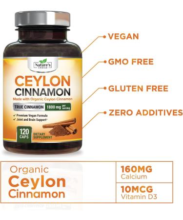 Certified Organic Ceylon Cinnamon Pills 1800mg - Gluten-Free & Non-GMO Sri Lankan Cinnamon Capsules - Vegan True Cinnamomum Supplement - 120 Capsules - Buy Online on GoSupps.com