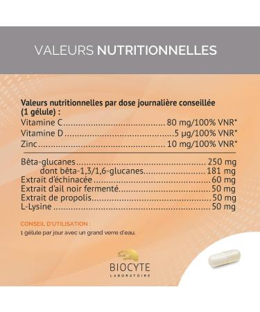 BIOCYTE Immune 360 - Immune System & Natural Defense - Vitamins C D Zinc Echinacea Black Garlic Propolis L-lysine - Dietary Supplement 30 capsules - Vegetarian Made in France - Buy Online on GoSupps.com
