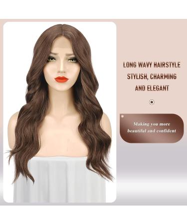 Feshfen Long Wavy Brown Lace Front Wig - 65cm Synthetic Hair for Women | Natural Wavy Middle Parting - Buy Online on GoSupps.com
