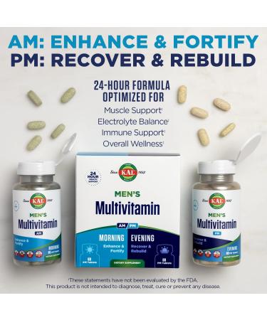 KAL Men's Multivitamin AM/PM Antioxidants Supplement Muscle Immune Electrolyte Balance Overall Wellness Support Made Without GMOs and Soy Vegan 30 Servings 120 Tablets - Buy Online on GoSupps.com