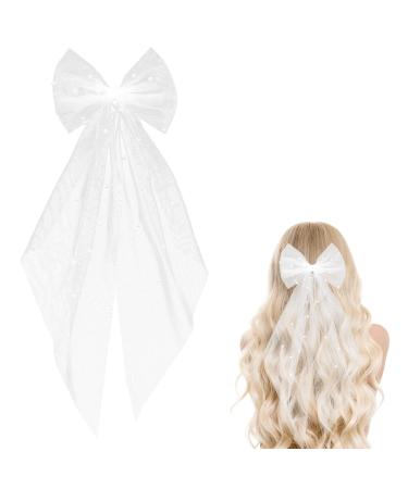 Bridal Bow Veil Pearl Bow Hen Party Veil Lace Butterfly Hair Clips White Hair Bow for Women and Girls Halloween Party