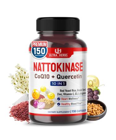 Nattokinase Supplement 4000FU, Enriched with CoQ10, Red Yeast Rice, Quercetin, Grade Seed, Zinc - Heart Wellness & Circulatory Support | 150 Capsules 150-day supply (pack of 1)