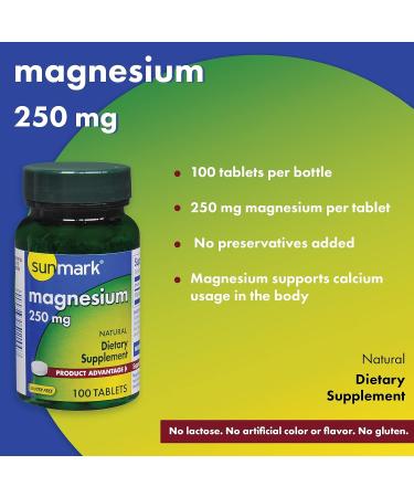 Sunmark Natural Magnesium Tablets - 250mg Strength | Dietary Supplement | 100 Tablets - Buy Online on GoSupps.com