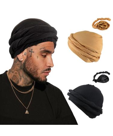 Yohou 2PCS Turban for Men Halo Turban Durag Satin Lined Turban for Men Head Wraps for Men Women Men s Turban Scarf for Sleeping Nature Hair Black+Yellow