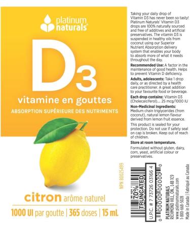 Platinum Naturals - Easy Absorb D3 Drops for Adults - Lemon Flavored 15ml - High Potency Liquid Vitamin D Supplement 1000 IU per Drop - Supports Overall Wellness - Easy-to-Use Dropper - Buy Online on GoSupps.com