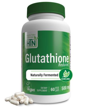Health Thru Nutrition Glutathione Reduced 500mg Vegecaps | Vegan Certified | Fermented | Non GMO and Hypoallergenic | Master Antioxidant | Healthy Skin and Cellular Aging Support (Pack of 60) 60 Count (Pack of 1)