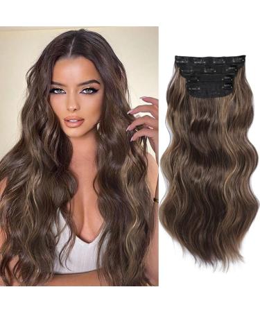 Hair Extensions Clip in 4pcs Light Brown with Golden Highlights Hair Extension Long Wavy Full Head Clip in Hair Extension Synthetic Fiber Hair Pieces for Women