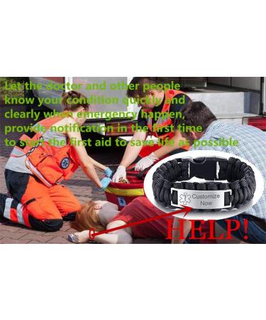 Custom Engraved Medical Alert ID Paracord Bracelets for Allergy Awareness - Emergency Life Saver Bangle for Men - 9 Inches Black - Buy Online on GoSupps.com