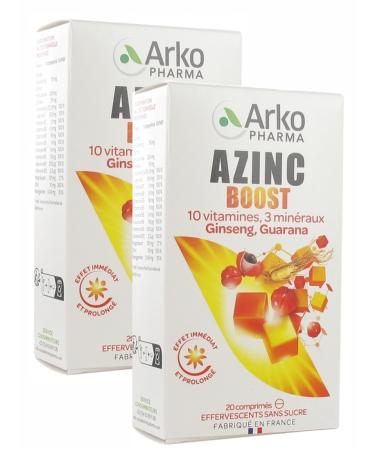 Arkopharma Azinc Boost 10 Vitamins 3 Minerals Ginseng and Guarana - 20 Effervescent Tablets - Pack of 2 Boxes of 20 Tablets