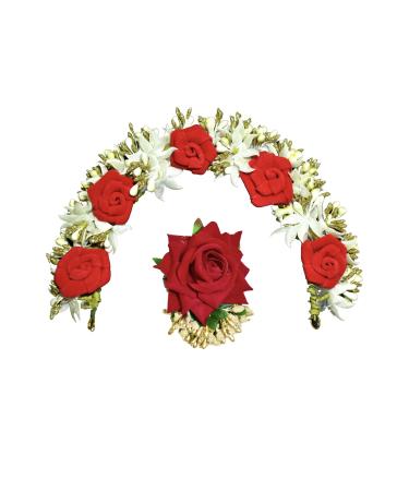 Gajra and Red Rose Flower Clip Combo Artificial flower Hair Bun accessories Indian Handmade Hair Ornament for Women Partywear Marriage Mehndi Festival Gifting White Red Gajra and Red Rose