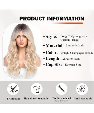 WOKESTAR Long Champagne Blonde Synthetic Hair Wig with Curtain Fringe - Women's Highlighted Wig - Buy Online on GoSupps.com