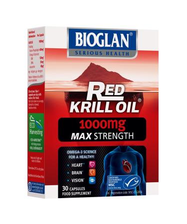 Bioglan Red Krill Oil Max Strength 1000 mg high in Omega-3 Fish Oil EPA & DHA help to support your Heart Eye and Brain health one month supply 30 capsules