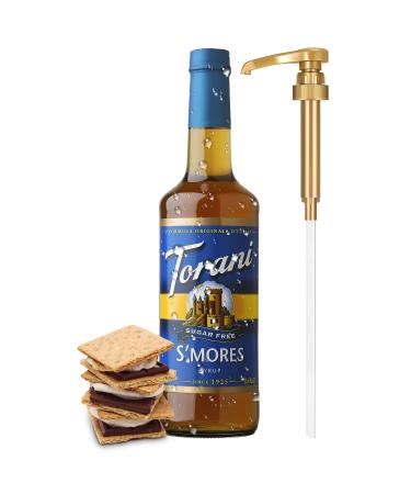 Torani Sugar Free S'mores Syrup with Little Squirt Syrup Pump, Glass Bottle 750ml 25.4 Ounces SF S'mores Glass
